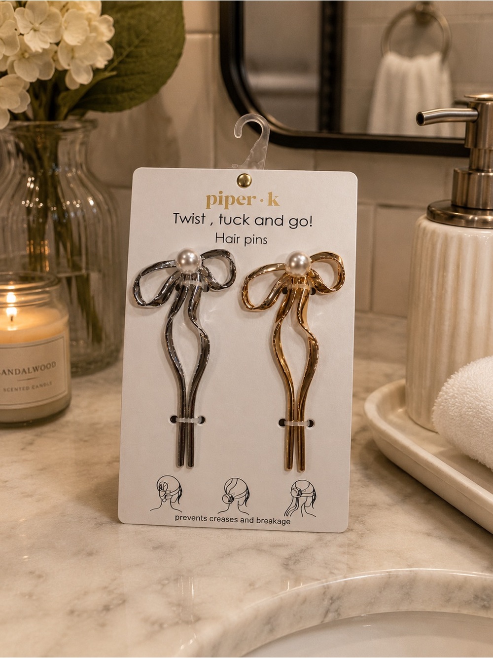piper•k Pearl Bow Hair Pins - Gold and Silver Set